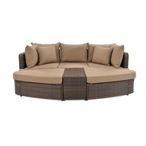 6-Piece Patio PE Rattan Wicker Outdoor Sectional Set Round Sofa Seating Group with Coffee Table, with Brown Cushions