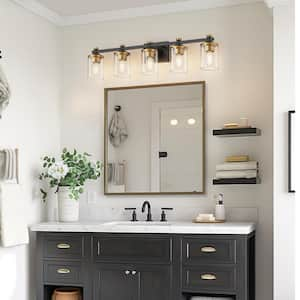 33 in. 5-Light Black and Gold Bathroom Vanity Light with Clear Glass Shades for Bathroom, Bedroom, or Hallway