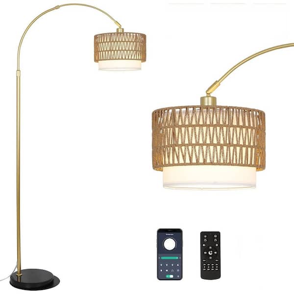 72.8 in. Gold Arc Floor Lamp with Remote, Standing lamp with Rattan Lampshades, Dimmable, Height Adjustable