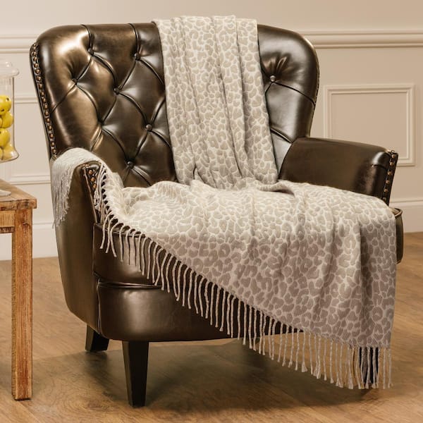 CHANASYA Leopard Print Beige Acrylic Throw Blanket with Tassels - 50 in. x 65 in.