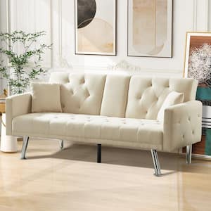 75.59 in. Beige Linen Twin Size Sofa Bed Convertible Futon Couch Loveseat with Cup Holders, Pillow for Apartment