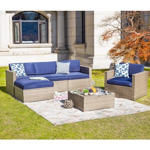 6-Piece Wicker Outdoor Sectional Set with Blue Cushions