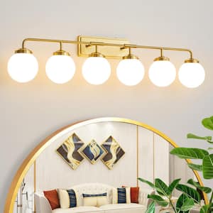 45.28 in. 6-Light Gold Bathroom Vanity Light with Opal Glass Shades, Bulbs Not Included