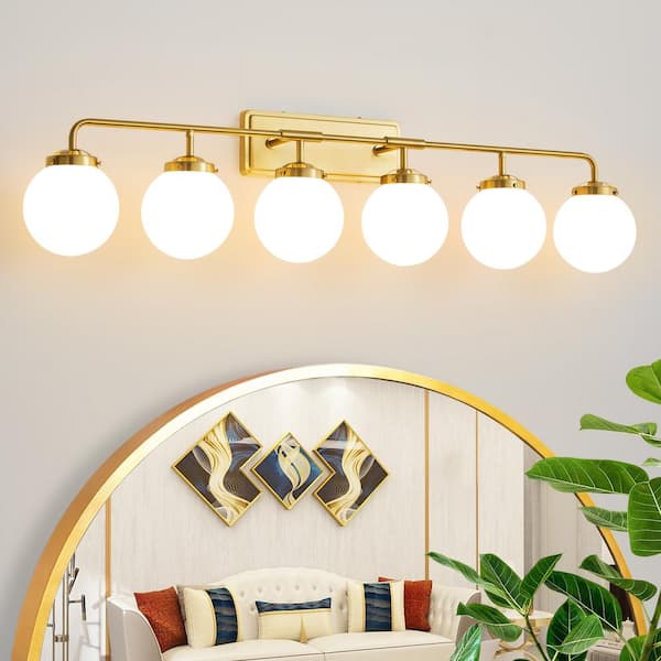 Deyidn 45.28 in. 6-Light Gold Bathroom Vanity Light with Opal Glass Shades, Bulbs Not Included