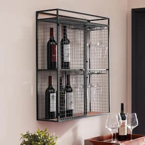31 in. H x 27 in. W x 8 in. D Black Metal Wall-Mount Shelf with Hanging Wine Glass Storage