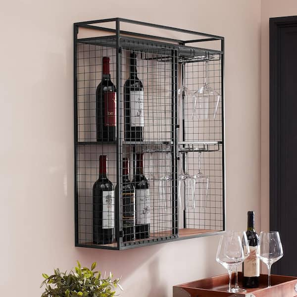 Home Decorators Collection 31 in. H x 27 in. W x 8 in. D Black Metal Wall-Mount Shelf with Hanging Wine Glass Storage