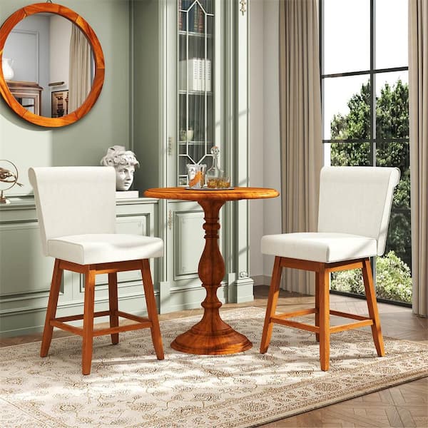 39 in. H Beige Swivel Bar Stools with Rubber Wood Legs Upholstered Linen Bar Chairs Set of 2