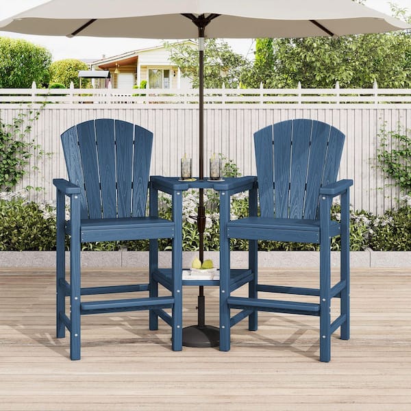 Navy Blue HDPE Outdoor Weather-Resistant Bistro Set Bar Stool with Double-Layer Tray and Umbrella Hole (2-Pack)