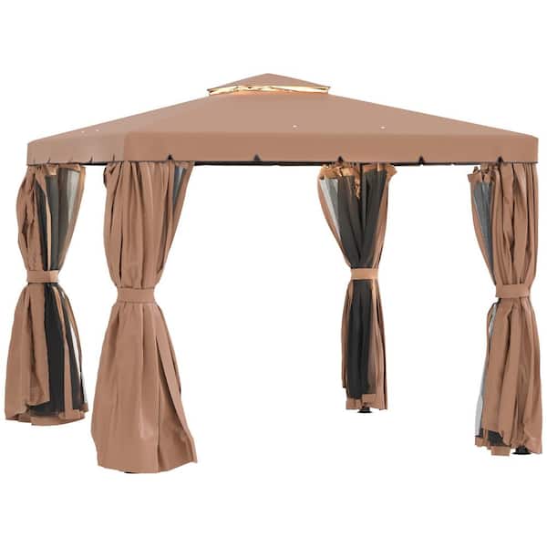 Unbranded 10 ft. x 10 ft. Brown Outdoor Gazebo Canopy Shelter with Double Vented Roof, Netting and Curtains