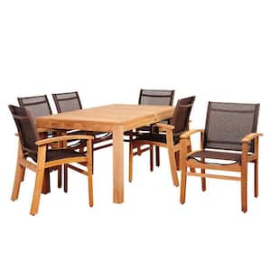 Elliot 7-Piece Teak Rectangular Patio Dining Set with Brown Sling Chairs