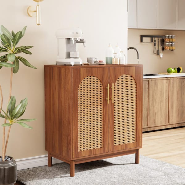 Alan Brown Wood 59 in. Sideboard Buffet Cabinet with Rattan 4-Doors, Accent Storage Cabinet for Dining Table Room