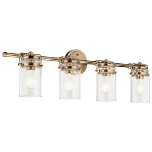Brinley 32.5 in. 4-Light Champagne Bronze Vintage Bathroom Vanity Light with Clear Glass Shade