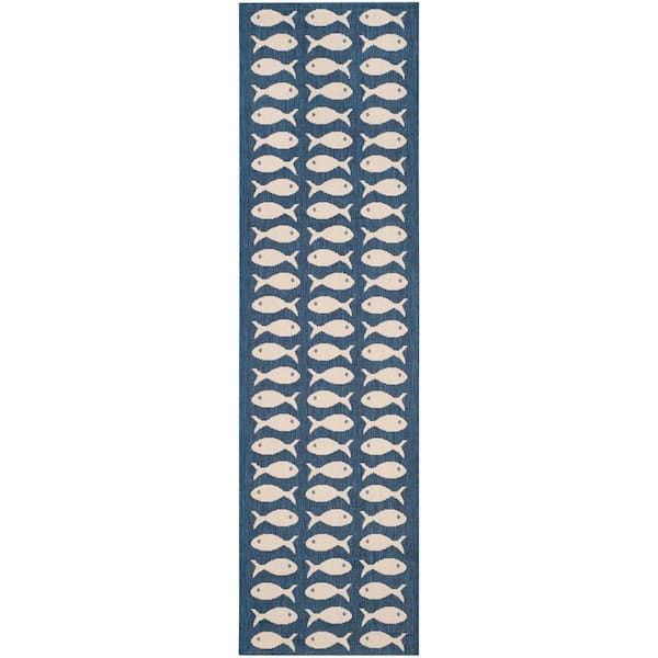 Courtyard Navy/Beige 2 ft. x 14 ft. Geometric Indoor/Outdoor Patio  Runner Rug