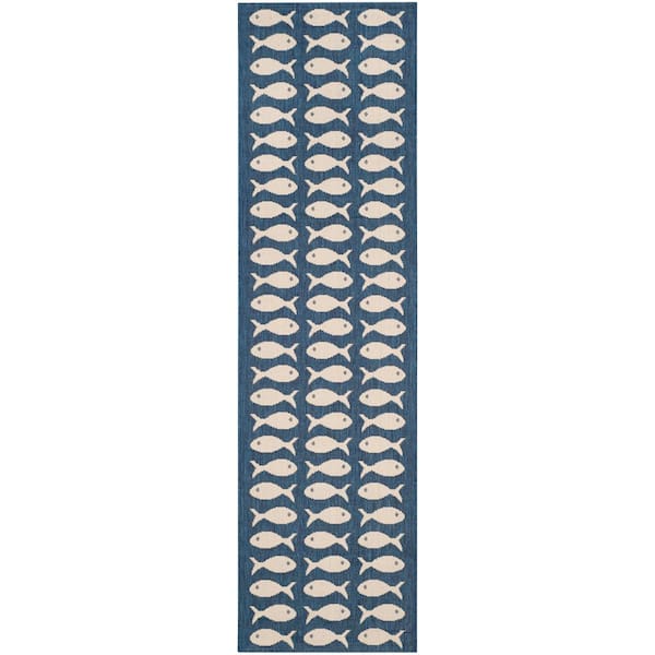 SAFAVIEH Courtyard Navy/Beige 2 ft. x 7 ft. Geometric Indoor/Outdoor Patio  Runner Rug