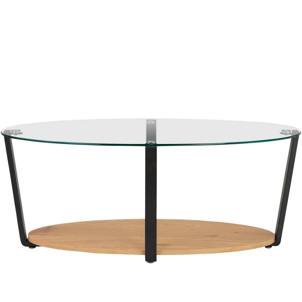 Nessa Oval Coffee Table with Glass Top and Oak Shelf