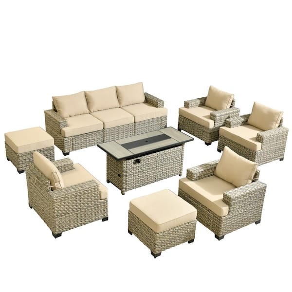 Taylor 10-Piece Wicker Patio Rectangular Fire Pit Set with Beige Cushions