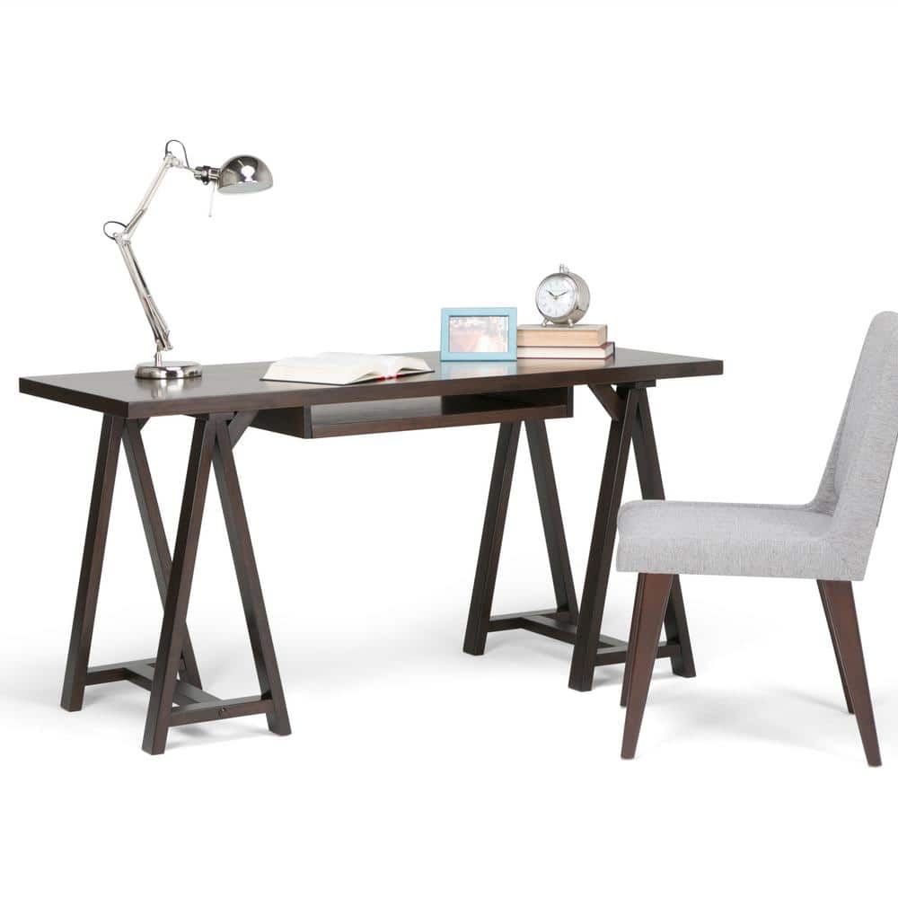 Modern Industrial 60'' Dark Chestnut Brown Wood Office Desk with Keyboard Tray
