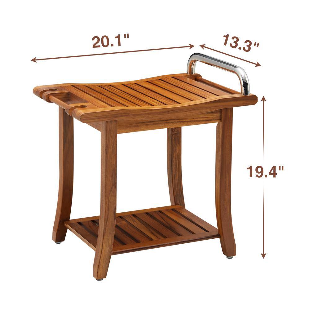 Large Teak Shower Bench with Handle and Shelf
