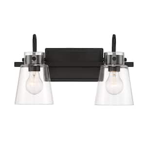 Inwood 16 in. 2-Light Matte Black Modern Industrial Vanity with Clear Glass Shades