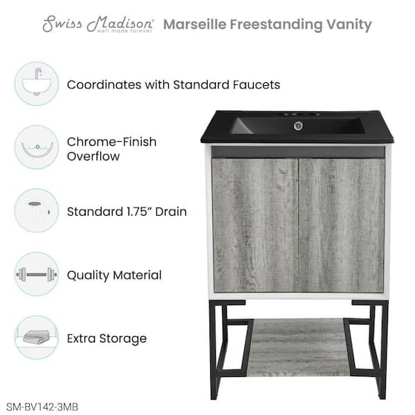 Marseille 24 in. Bathroom Vanity in Gray Oak with Black, 3-Hole Ceramic Sink Top