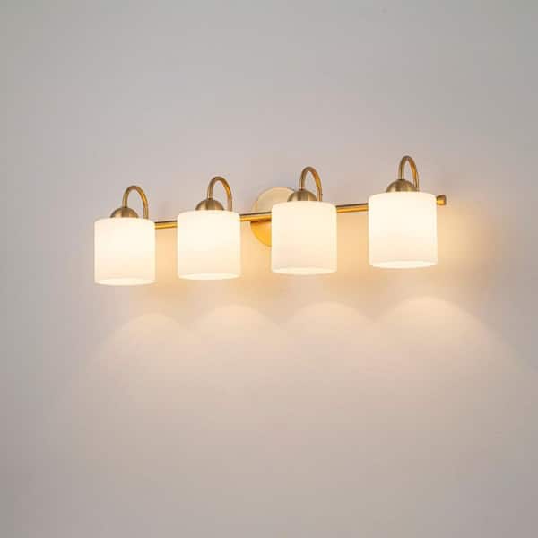 Lucie 29 in. 4-Light Brass Cylinder Vanity Light with Milky White Frosted Glass Shades for Bathroom, Bedroom, Hallway