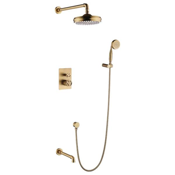 3 Spray 8 in. Dual Handle Wall Mount Fix Shower Head and Handled Shower Head 2.5 GPM in Brushed Gold