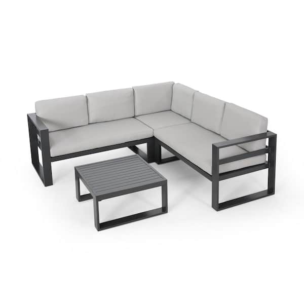 Dursley Grey 4-Piece Aluminum Outdoor Patio Conversation Sectional Seating Set with Beige Cushions