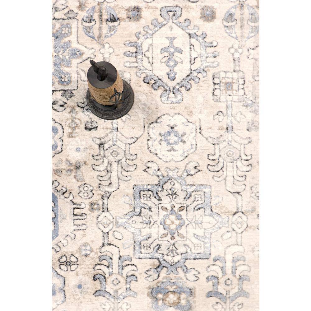 Beige and Blue 6' Square Stain-Resistant Synthetic Area Rug