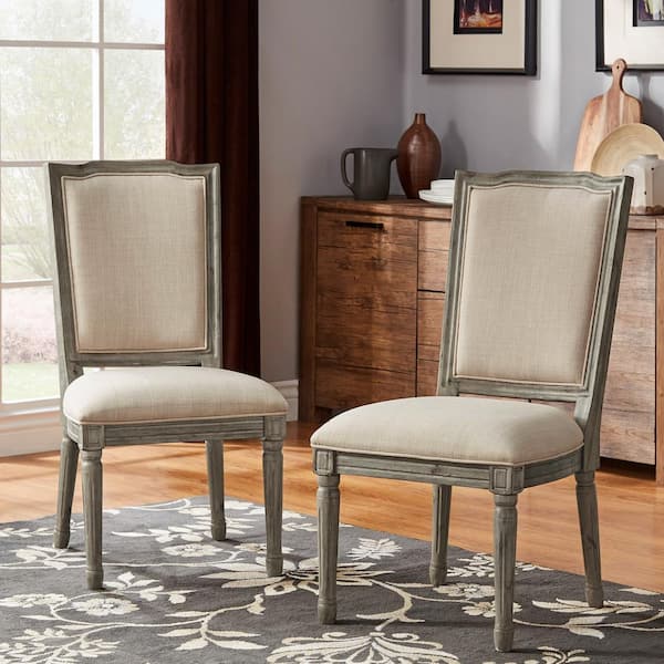 HomeSullivan Antique Grey Oak Finish Beige Ornate Linen And Wood Dining Chairs (Set of 2)