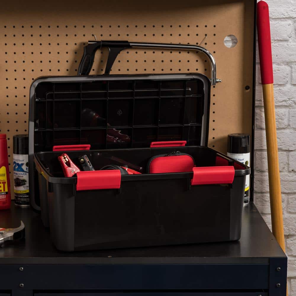 Black and Red Stackable WeatherPro Plastic Storage Bins with Lids, 19.7 in