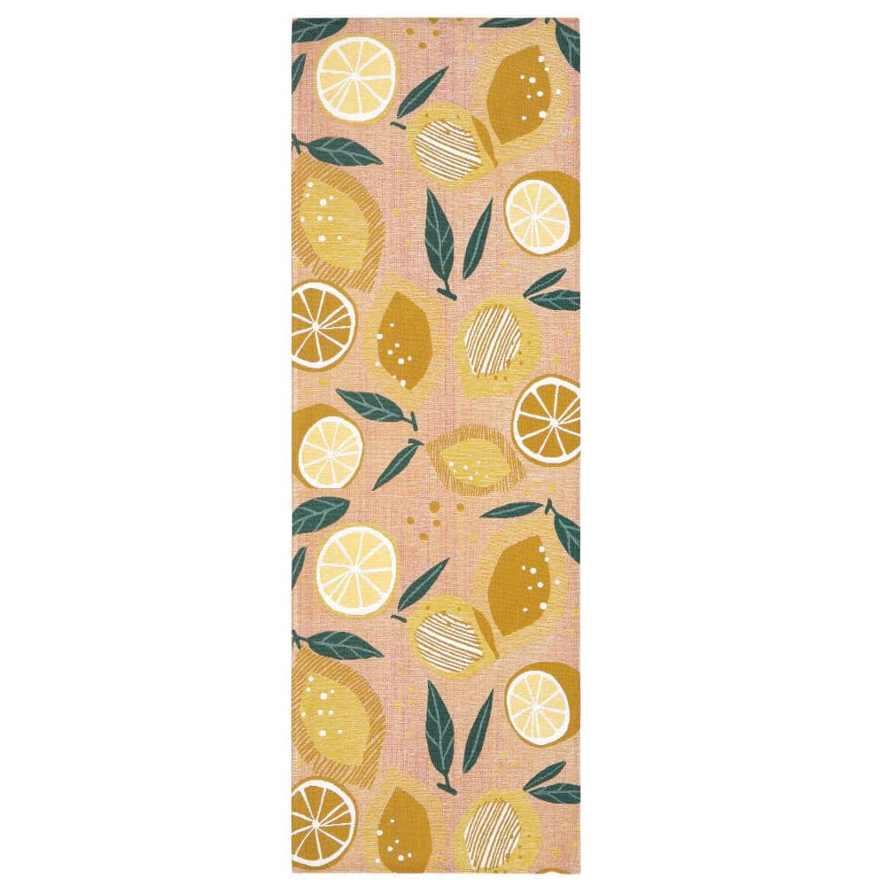 Peach Pink Lemon Print Machine Washable Runner Rug