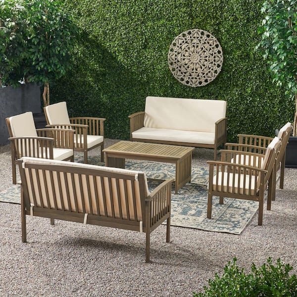 Thalia gray 8-Piece Wood Outdoor Patio Conversation Set with Cream Cushions