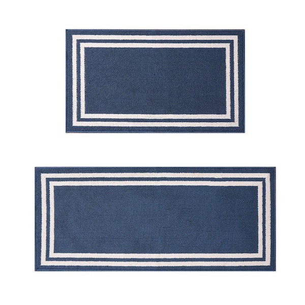 Debbie Double Border 2-Tone Dusty Navy/Ivory 2 ft. x 5 ft. Border Polypropylene 2-Piece Rug Set