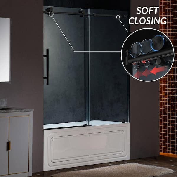 WOODBRIDGE 60 in.W x 62 in. H Sliding Frameless Tub Door with Soft Close System and 3/8 in. Clear Glass in Matte Black