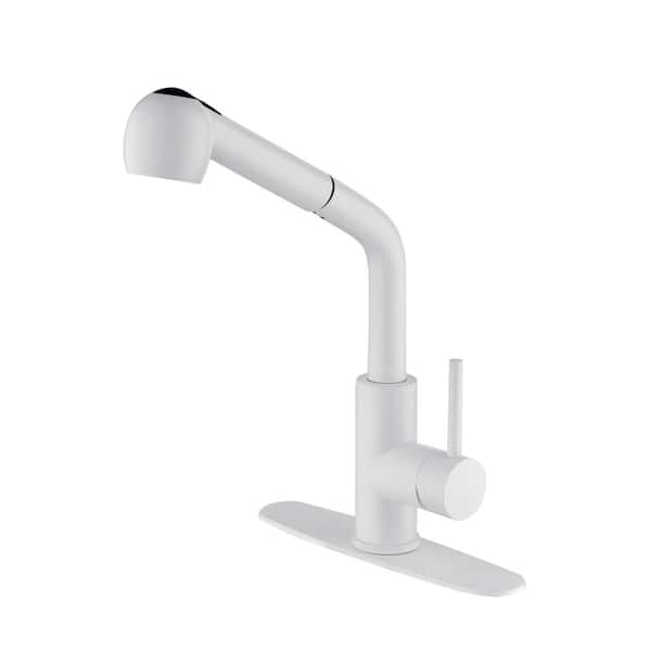 Logmey Single Handle Standard Kitchen Faucet in White with Pull Out Sprayer