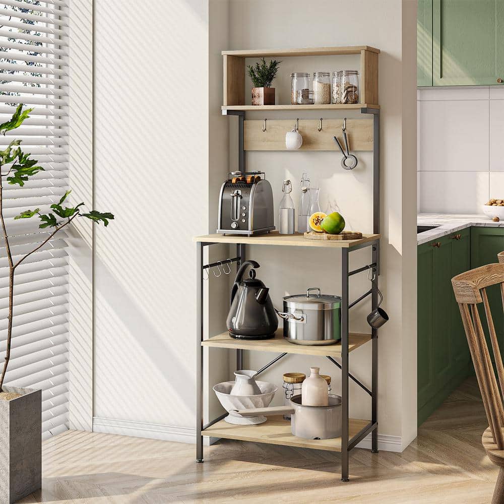 Light Oak Adjustable 5-Tier Kitchen Rack with Hooks
