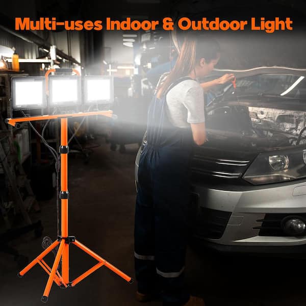 120V LED Work Light with Stand, 21000 Lumen 3-Head Adjustable Dimmable Tripod Fixture Waterproof Lamp for Job Site