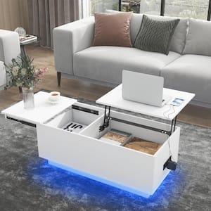 39.37 in. White Rectangle MDF LED Lift Top Coffee Table with Hidden Compartment with Charging Sockets and USB Ports