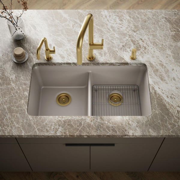 Cairn Undermount Neoroc Granite Composite 33.5 in. Double Bowl Kitchen Sink Kit in Matte Taupe