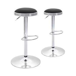 32 in. Swivel Bar Stool Counter Height Round PU Leather Adjustable Chair Pub Stool with Metal Footrest, Set Of 2, Black