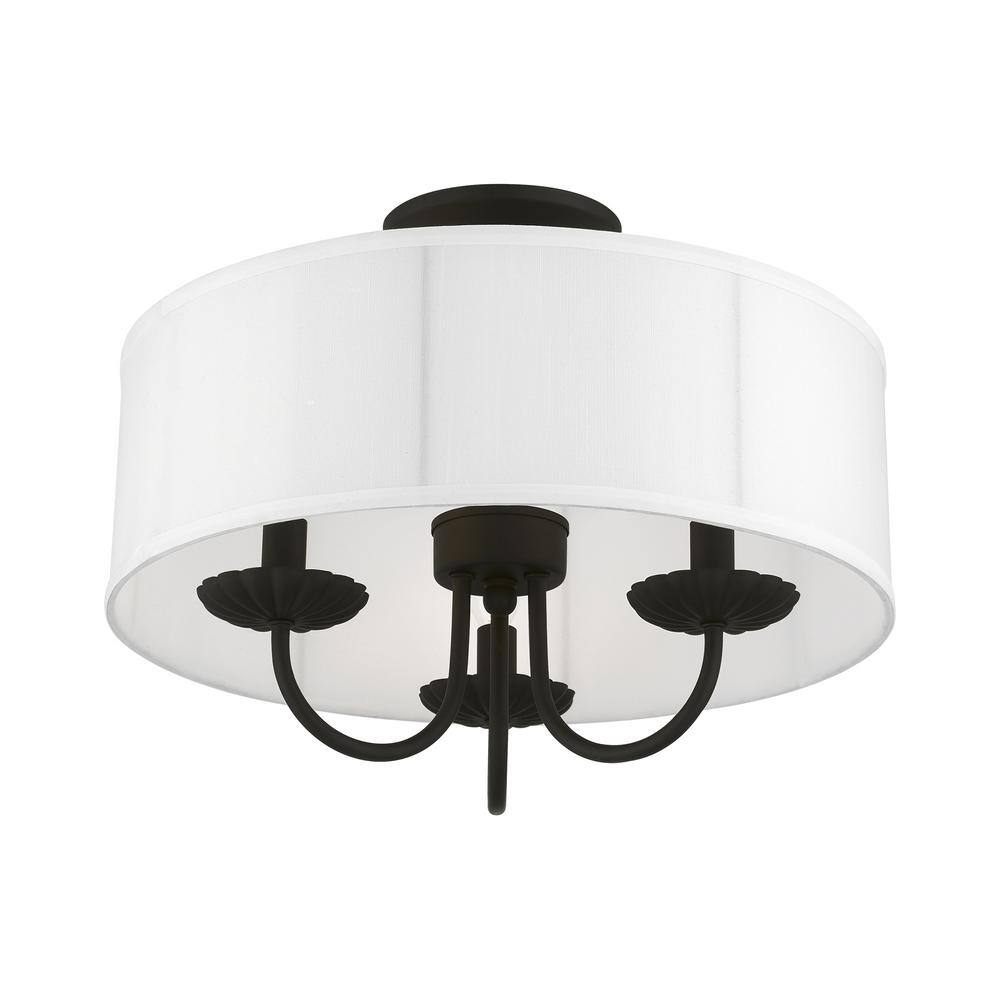 Brookdale Black Brass 3-Light Semi-Flush Mount with Fabric Shade