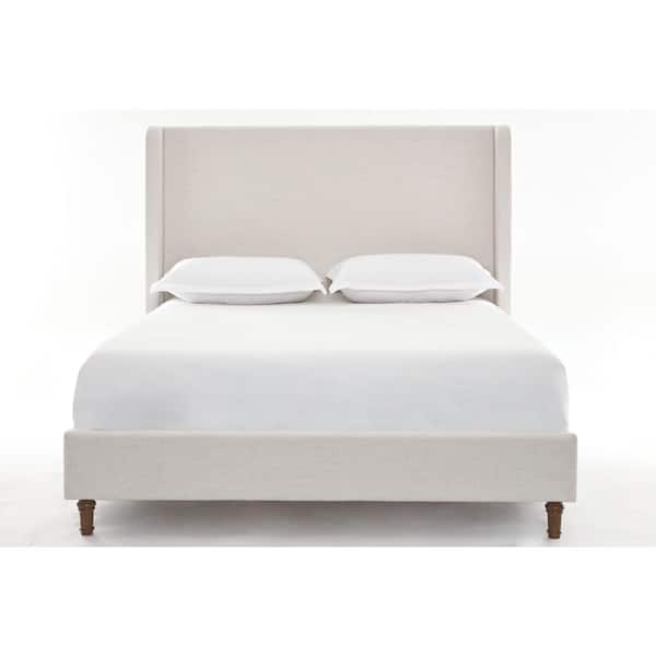 Textured Ivory White Canvas Fabric Upholstered Wood Frame California King Platform Bed with Wingback Tall Headboard