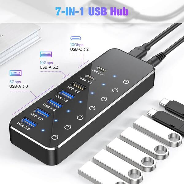 Lukyamzn 7-Port USB 3.2 USB-C Hub with 10Gbps USB-A, 2 USB-C, 4