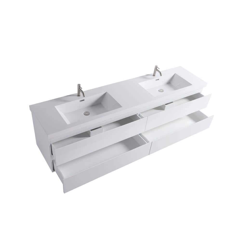 84" White Plywood Floating Double Sink Vanity with Resin Top