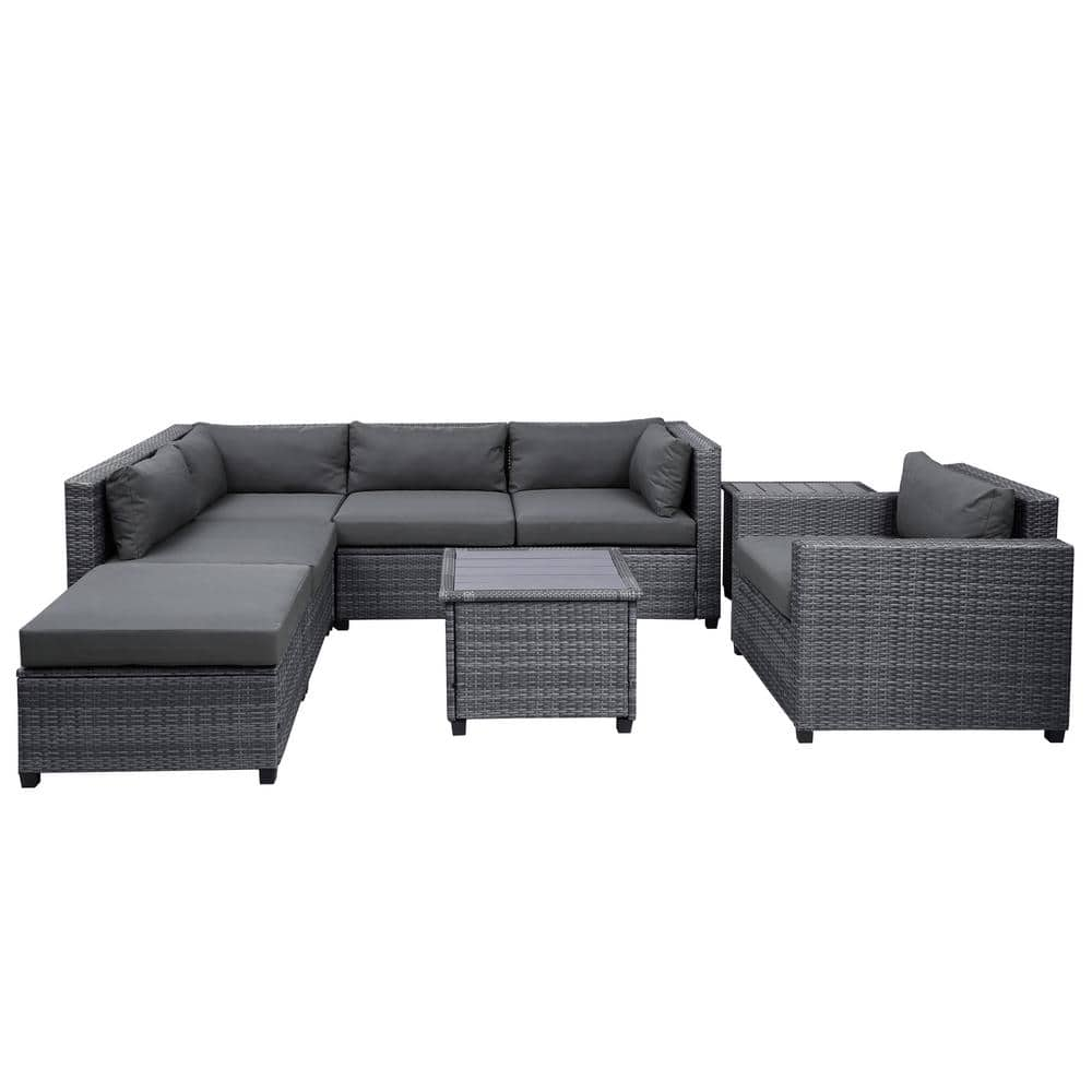 FORCLOVER 8-Piece Wicker Outdoor Sectional Set with Gray Cushions UST ...