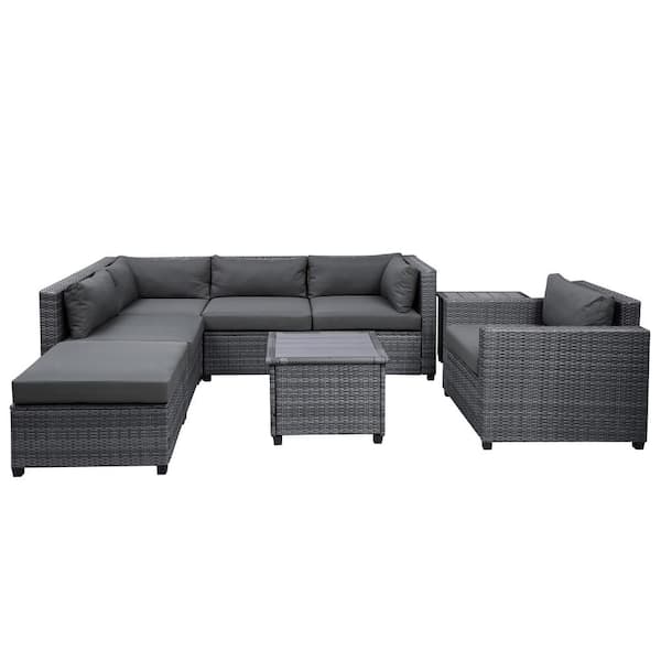 waelph Gray 8-Piece Wicker Rattan Outdoor Patio Furniture Sectional Seating Group with Gray Cushions