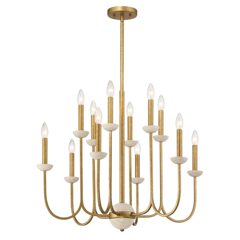 Antique Gold 12-Light Candle Chandelier with Travertine Cups