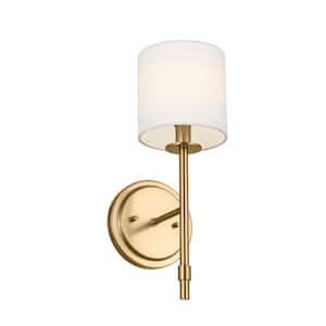 Ali 1-Light Brushed Natural Brass Hallway Wall Sconce Light with White Fabric Shade