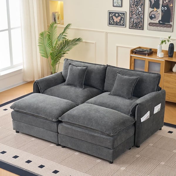 Gelbero 75.59 in. 4-Piece Upholstered Chenille Modular Sectional Sofa in Grey with Ottomans, Pillows, Storage Pockets