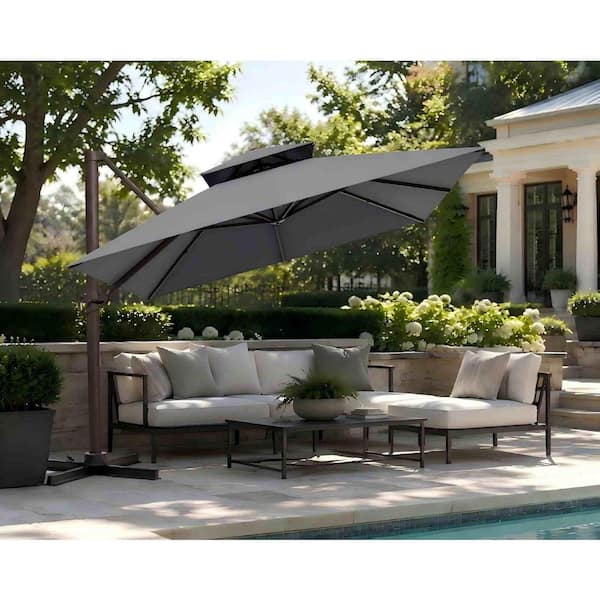 cantilever patio umbrella gray PatioKingdom with Base, Outdoor Large Offset Umbrella 12FT / Our cantilever outdoor umbrella combines the courtyard and outdoor dining table into a cool and comfortable space Piola 10 ft. x 13